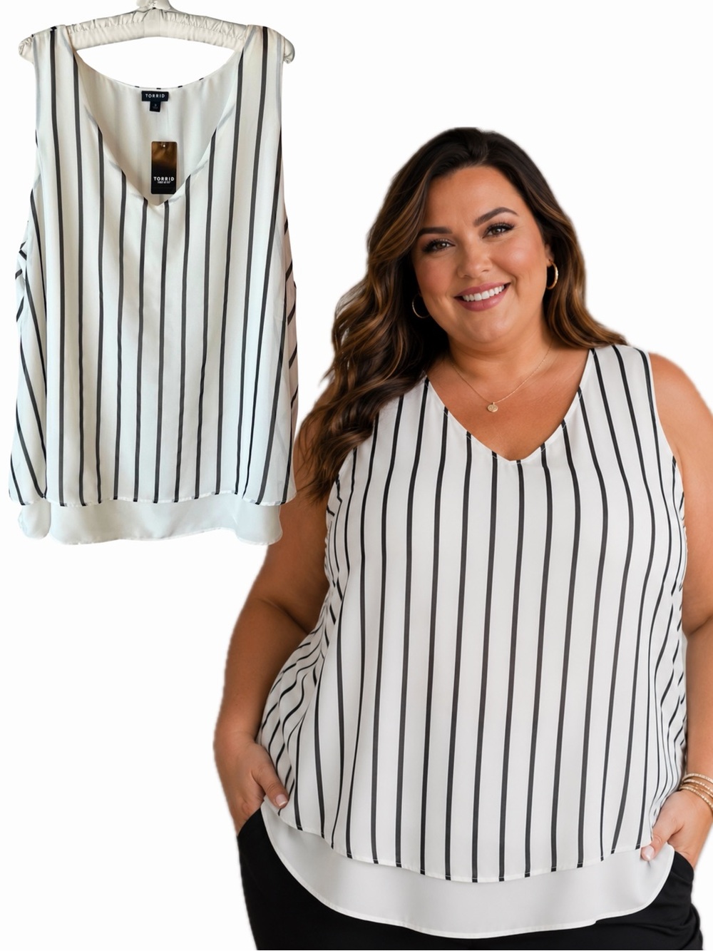 Torrid New Tank Striped Georgette Double Layer Swing Top Off White Black 3X NWT